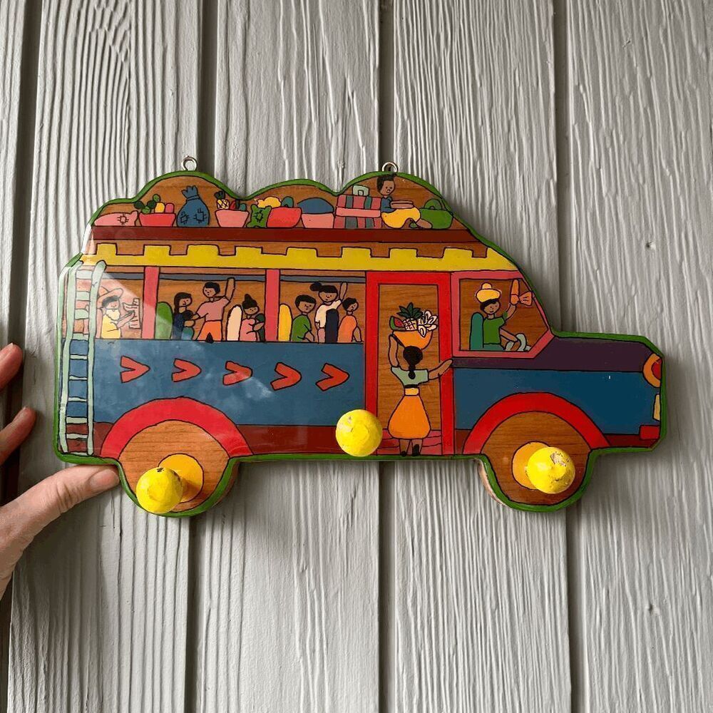 Vintage Arte Mapla Cuernavaca Mexico Chiva Bus Wooden Wall Hook Rack 90s